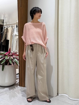 「BABYLONE（バビロン）の【多機能素材】リネンライクストレッチスラックス（スラックス、ベージュ系）」を使った、のんさん（レディース・162cm）の夏コーディネート
