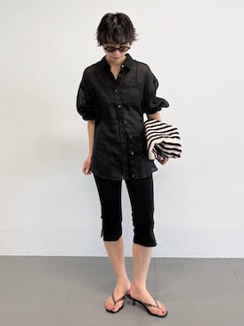 「BABYLONE（バビロン）の【欠品カラー予約】ラミーシアーカシュクールシャツ（シャツ/ブラウス、ブラック系）」を使った、のんさん（レディース・162cm）の春コーディネート
