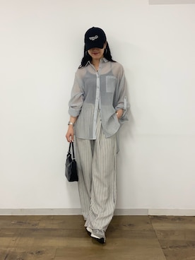 「ストライプパンツ」｜「アイテム（キャップ）」を使った、misaki☺︎さん（レディース・160cm）の夏コーディネート