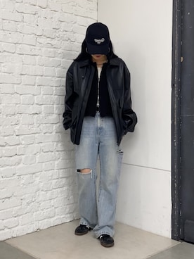 「アイテム（ライダースジャケット）」を使った、misaki☺︎さん（レディース・160cm）の冬コーディネート