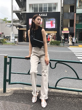 「mystic（ミスティック）のセンターステッチフレアデニム（デニムパンツ）」を使った、nanamiさん（レディース・163cm）の夏コーディネート