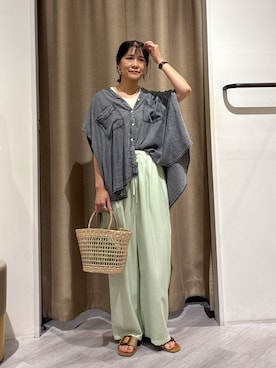 「Jena espace merveilleux(ジェナ エスパスメルヴェイユ)の【サラサラ半袖デニム】テンセルフレンチシャツ(シャツ/ブラウス、グレー系)」を使った、すがのさん(レディース・160cm)の夏コーディネート