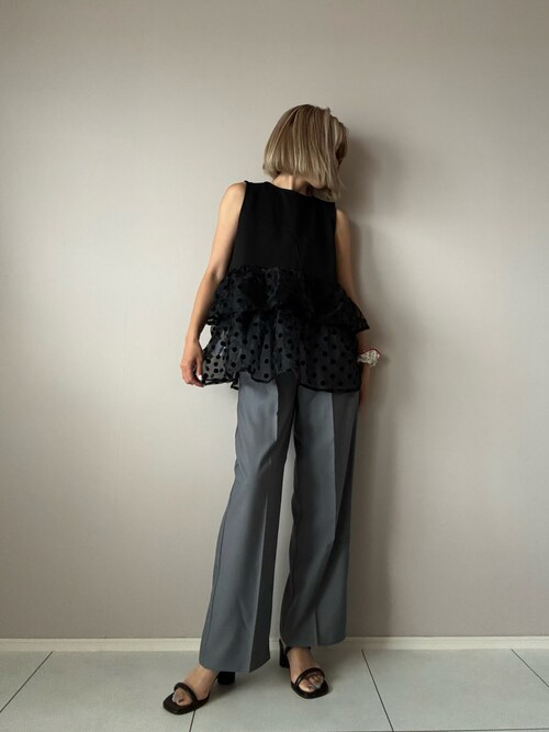 D&G 透け感 ラメヒョウ柄 ノースリーブトップス セール】ドット柄ティアードフリル切替ノースリーブトップス［大人