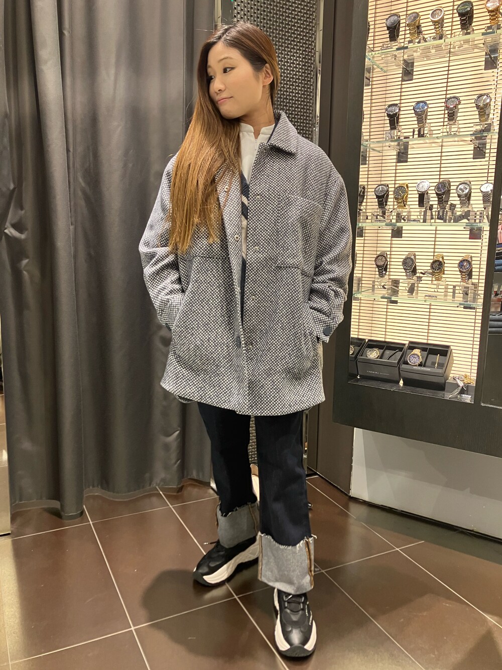 「あったかコーデ、アルマーニエクスチェンジ、ARMANIEXCHANGE、AXchanger、EXCHANGE、大人カジュアル、コートスタイル」｜「ARMANI EXCHANGEの【A|X アルマーニ エクスチェンジ】ジャカードチェック　シャツジャケット（ブルゾン、ブルー系）」を使った、SHIRA★TAMAさん（レディース・153cm）の冬コーディネートの1枚目の写真