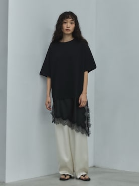 「feepur（フェピュール）のサテンレースドッキングTee（Tシャツ/カットソー、ブラック系）」を使った、feepurさん（レディース・153cm）の夏コーディネート