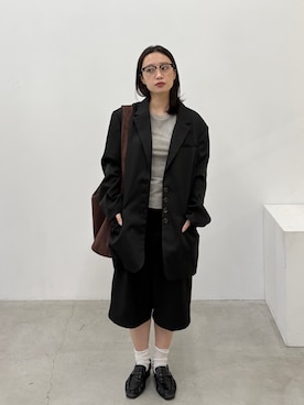 「feepur（フェピュール）のハーフリムクリアメガネ（メガネ、ブラック系）」を使った、feepurさん（レディース・168cm）の秋コーディネート