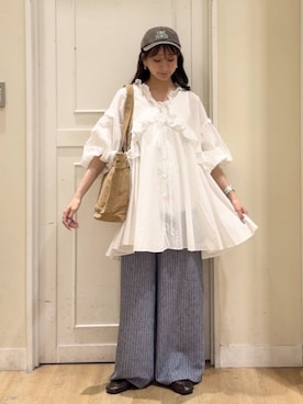 「studio CLIP（スタディオクリップ）のリネンライクリブパンツ（その他パンツ、その他）」を使った、さこ2442さん（レディース・161cm）の夏コーディネート