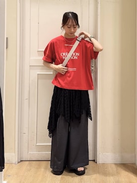 「studio CLIP（スタディオクリップ）の【接触冷感・遮熱機能】ボックスカラーロゴTシャツ（Tシャツ/カットソー、レッド系）」を使った、さこ2442さん（レディース・161cm）の夏コーディネート