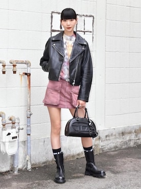 「アイテム（ライダースジャケット）」を使った、AYAさん（レディース・167cm）の秋コーディネート