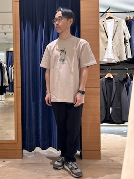 「NOLLEY'S LIGHT（ノーリーズライト）の【Reflesh】プリントT（Tシャツ/カットソー、ベージュ系）」を使った、atsushiさん（メンズ・160cm）の春コーディネート