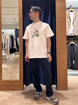 「NOLLEY'S LIGHT（ノーリーズライト）の【yei】プリントT（Tシャツ/カットソー、ホワイト系）」を使った、atsushiさん（メンズ・160cm）の春コーディネート