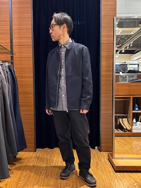 「NOLLEY'S LIGHT（ノーリーズライト）のシックアンドシン　ナチュラルストレッチ　シングルライダース（ライダースジャケット、ブルー系）」を使った、atsushiさん（メンズ・160cm）の春コーディネート