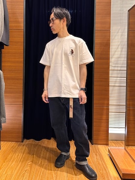 「NOLLEY'S LIGHT（ノーリーズライト）の【One Point】プリントT（Tシャツ/カットソー、ホワイト系）」を使った、atsushiさん（メンズ・160cm）の春コーディネート