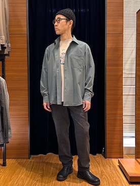 「NOLLEY'S LIGHT（ノーリーズライト）のドットメッシュ　レギュラーカラーシャツ（シャツ/ブラウス、ブルー系）」を使った、atsushiさん（メンズ・160cm）の春コーディネート