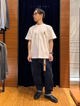 「NOLLEY'S LIGHT（ノーリーズライト）の【One Point】プリントT（Tシャツ/カットソー、ホワイト系）」を使った、atsushiさん（メンズ・160cm）の春コーディネート