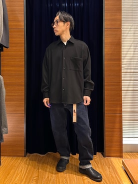「NOLLEY'S LIGHT（ノーリーズライト）のメランジカノコ　レギュラーカラーシャツブルゾン（シャツ/ブラウス、ブラック系）」を使った、atsushiさん（メンズ・160cm）の春コーディネート
