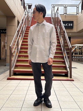 「NOLLEY'S LIGHT（ノーリーズライト）のサッカープリント　レギュラーカラーシャツ（シャツ/ブラウス、ホワイト系）」を使った、atsushiさん（メンズ・160cm）の春コーディネート