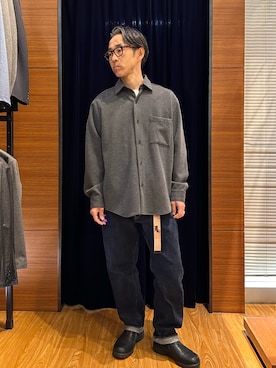 「NOLLEY'S LIGHT（ノーリーズライト）のメランジカノコ　レギュラーカラーシャツブルゾン（シャツ/ブラウス、グレー系）」を使った、atsushiさん（メンズ・160cm）の春コーディネート