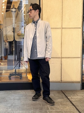 「NOLLEY’S（ノーリーズ）のダブルワッシャー タイプライター レギュラーカラーシャツ 25AW（シャツ/ブラウス、ブルー系）」を使った、atsushiさん（メンズ・160cm）の春コーディネート