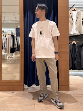 「NOLLEY'S LIGHT（ノーリーズライト）の【PARTNER】プリントT（Tシャツ/カットソー、ホワイト系）」を使った、atsushiさん（メンズ・160cm）の春コーディネート