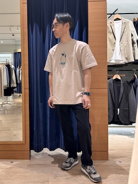 「NOLLEY'S LIGHT（ノーリーズライト）の【Reflesh】プリントT（Tシャツ/カットソー、ベージュ系）」を使った、atsushiさん（メンズ・160cm）の春コーディネート