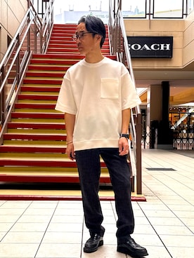 「NOLLEY'S LIGHT（ノーリーズライト）の《吸水速乾》PERFECTEXドライワッフル　クルーネック　Tシャツ（Tシャツ/カットソー、ホワイト系）」を使った、atsushiさん（メンズ・160cm）の春コーディネート