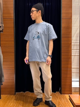 「NOLLEY'S LIGHT（ノーリーズライト）の【yei】プリントT（Tシャツ/カットソー、ブルー系）」を使った、atsushiさん（メンズ・160cm）の春コーディネート