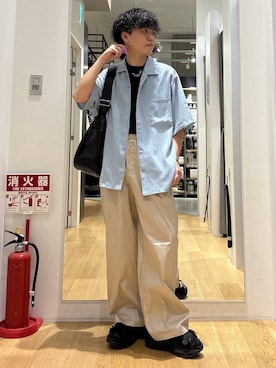 「HARE（ハレ）のビルディングソールサンダル(HARE)（サンダル、ブラック系）」を使った、ぬまさん（メンズ・166cm）の夏コーディネート