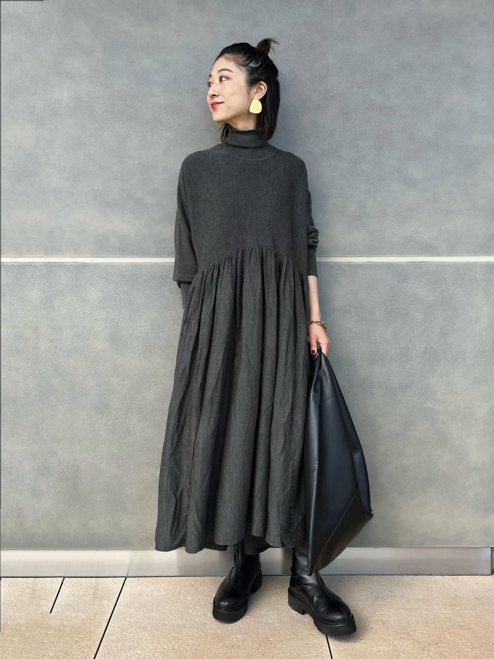 Curensology ウールハイネックギャザーワンピース