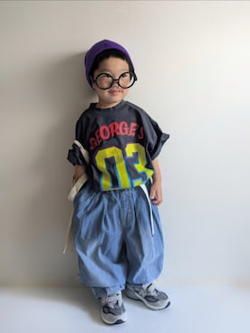 「LOWRYS FARM（ローリーズファーム）のカラーニットワッチ　138584（ニットキャップ/ビーニー）」を使った、EITOさん（キッズ・90cm）の夏コーディネート