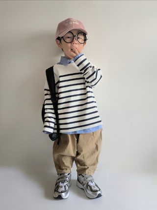 「SHIPS any（シップス エニィ）のSHIPS any: STANDARD ボートネック ボーダー ロンT 2023 <KIDS>（Tシャツ/カットソー）」を使った、EITOさん（キッズ・90cm）の秋コーディネート