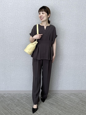「ROPE'（ロペ）の【teau・牛革・マルチWAY】panier vine shoulder bag/持ち手長さ調整可能（ハンドバッグ、イエロー系）」を使った、risaさん（レディース・156cm）の夏コーディネート