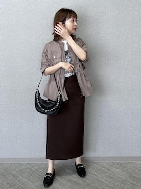 「ROPE'（ロペ）の【Brigitte Bardot×ROPE'・コラボ】プリントアームレットT-shirt【洗える・洗濯耐久性・接触冷感】（Tシャツ/カットソー、ホワイト系）」を使った、risaさん（レディース・156cm）の春コーディネート