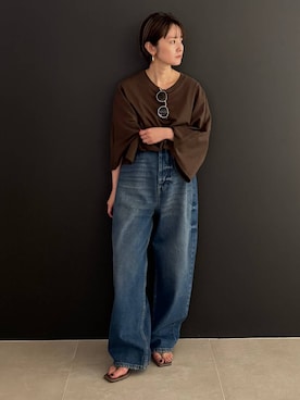 「Curensology（カレンソロジー）のCurensology(カレンソロジー)/＜&RC＞ワイドルーズデニムパンツ（デニムパンツ、ブルー系）」を使った、伊藤美咲さん（レディース・146cm）の夏コーディネート