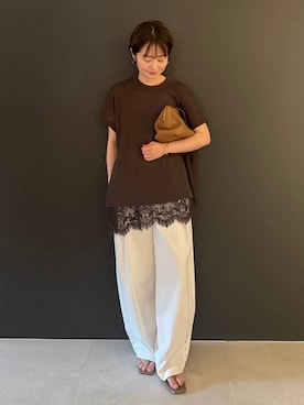 「Curensology（カレンソロジー）のCurensology(カレンソロジー)/レイヤードレースニットプルオーバー（ニット/セーター、ブラウン系）」を使った、伊藤美咲さん（レディース・146cm）の夏コーディネート