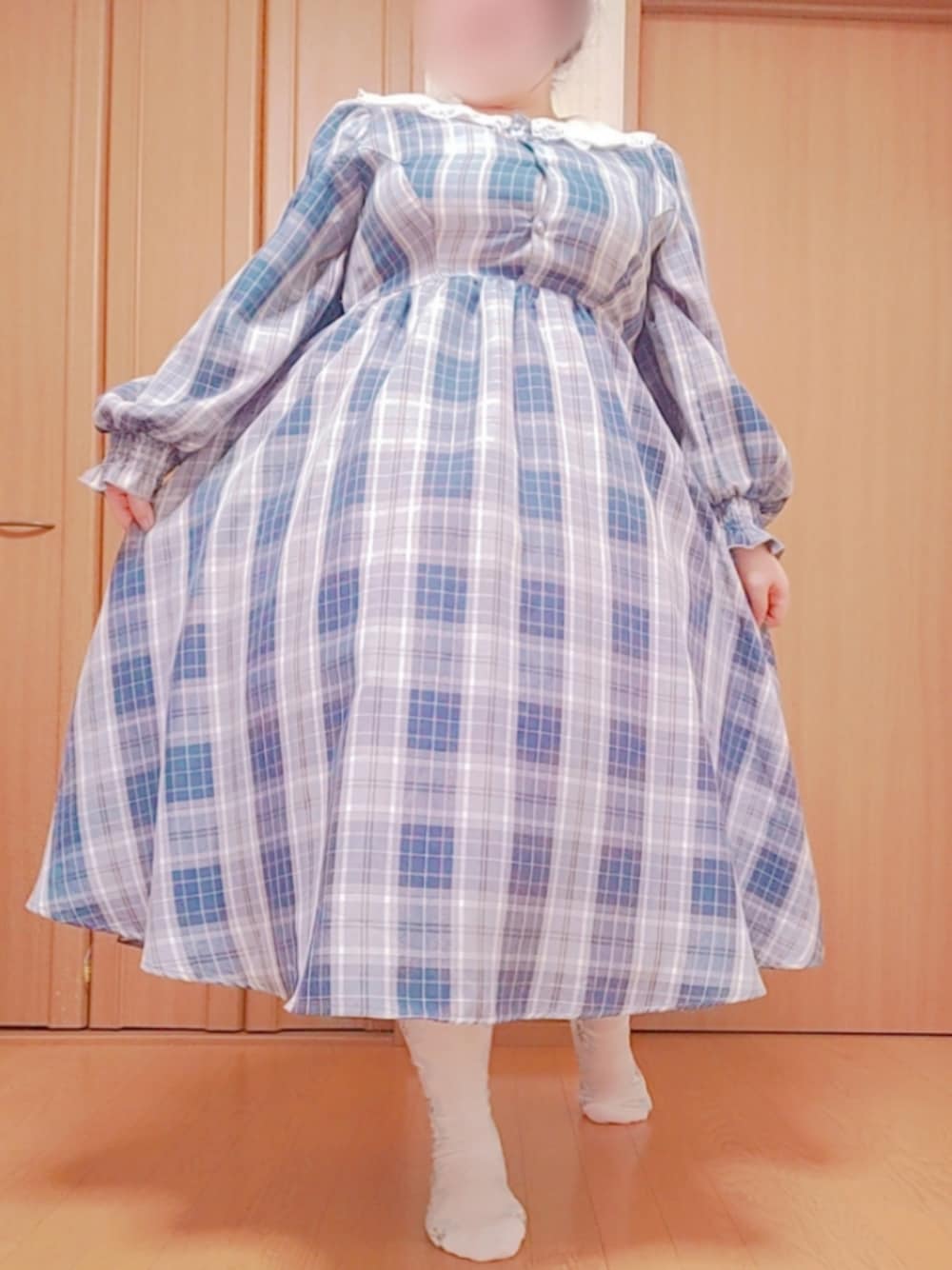 「青木美沙子さんコラボ、しまむらコーデ、しまむら、パニエ、チェック柄に恋してる、シナモンコーデ、ぽっちゃり、ぽっちゃりでもおしゃれしたい！、プラスサイズ、4L、かわいい、春色、プチプラコーデ、大きいサイズレディースファッション」｜「しまむらの青木美沙子 サンリオコラボシナモン（ワンピース、ブルー系）」を使った、きゅるᵕ̈໒꒱·̩͙🔰さん（骨格ウェーブ・レディース・155cm）の春コーディネートの1枚目の写真