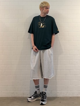 「adidas（アディダス）のスケートボーディング×マーク・ゴンザレス クラスティTシャツ（トップス、グリーン系）」を使った、JNさん（メンズ・195cm）の夏コーディネート