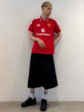 「adidas（アディダス）のプレミアム エッセンシャルズ ワークウェア ワイド ショーツ / ハーフパンツ / アディダスオリジナルス adidas Originals（その他パンツ、ブラック系）」を使った、JNさん（メンズ・195cm）の夏コーディネート
