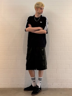 「adidas（アディダス）のハンドボール スペツィアル / HANDBALL SPEZIAL / アディダスオリジナルス adidas Originals（スニーカー、ブラック系）」を使った、JNさん（メンズ・195cm）の夏コーディネート