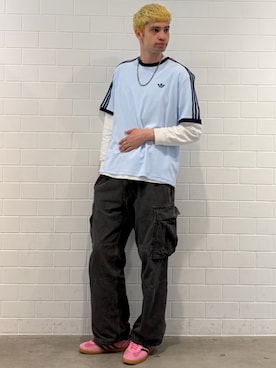 「adidas（アディダス）のガゼル インドア / Gazelle Indoor / アディダスオリジナルス adidas Originals（スニーカー、ピンク系）」を使った、JNさん（メンズ・195cm）の夏コーディネート