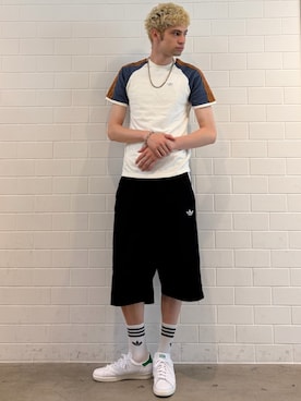 「adidas（アディダス）のスタンスミス 80s / Stan Smith 80s（シューズ、ホワイト系）」を使った、JNさん（メンズ・195cm）の夏コーディネート