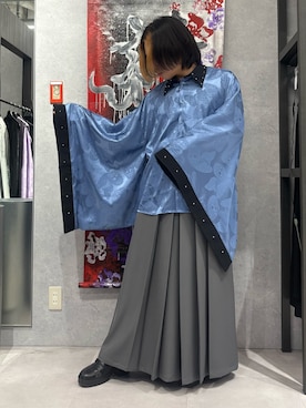 「REZEN（リゼン）の蝶ＪＱスタッズ和袖シャツ（シャツ/ブラウス、パープル系）」を使った、みちゅんさん（メンズ・162cm）の春コーディネート