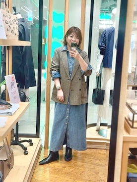 「RIVE DROITE（リヴドロワ）の予約【洗練されたムードに】カラミチェックオーバージャケット（テーラードジャケット、ブラウン系）」を使った、yosshiiiiiiさん（レディース・165cm）の春コーディネート