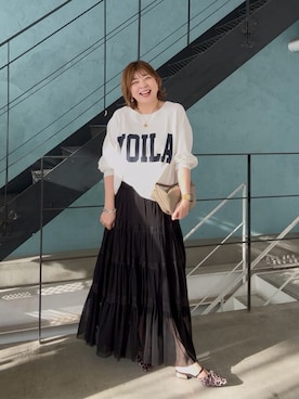 「RIVE DROITE（リヴドロワ）の【レイヤードに最適】チュールキリカエカットソー（Tシャツ/カットソー、ブラック系）」を使った、yosshiiiiiiさん（レディース・165cm）の春コーディネート