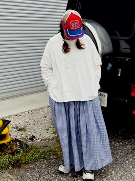 「naturlbyclipのアイテム（Tシャツ/カットソー、ホワイト系）」を使った、savieさん（レディース・155cm）の夏コーディネート