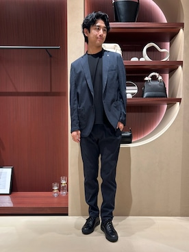 「ABAHOUSE（アバハウス）の【セットアップ対応/FLEX JACKET】 PE-wrinkle ワッシャージャケット /ストレッチ 吸水速乾 イージーケア（テーラードジャケット、ブルー系）」を使った、Makotoさん（メンズ・180cm）の春コーディネート