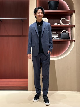 「ABAHOUSE（アバハウス）の【接触冷感】アイスピケ ストレッチ ポロシャツ / FLEX COOL（ポロシャツ、ブラック系）」を使った、Makotoさん（メンズ・180cm）の春コーディネート