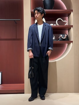 「ABAHOUSE（アバハウス）のKNIT COLLAR コットンポンチ クルーネック半袖Tシャツ / リラックスフィット（Tシャツ/カットソー、ホワイト系）」を使った、Makotoさん（メンズ・180cm）の春コーディネート