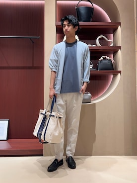 「ABAHOUSE（アバハウス）の【定番/シアー素材】ストレッチ カノコ ワンボタン カーディガン（カーディガン/ボレロ、ブルー系）」を使った、Makotoさん（メンズ・180cm）の春コーディネート