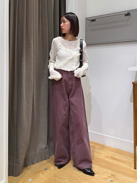 「アイテム（デニムパンツ、レッド系）」を使った、ゆうりさん（レディース・155cm）の秋コーディネート